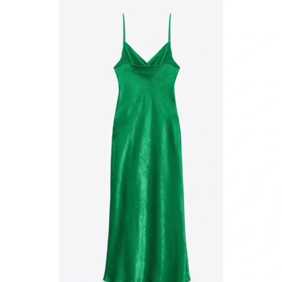 Zara Green Silk MIDI Dress With Slit NWT - Picture 2 of 7